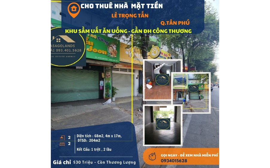 Cho thuê nhà mặt tiền Lê Trọng Tấn 68m2, 2 Lầu, 30Triệu